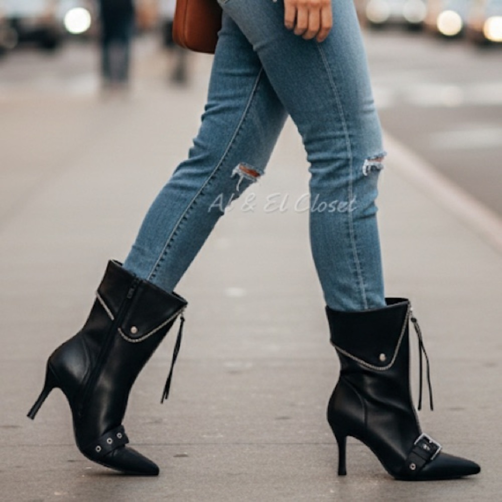 A New Day Black Buckle Pointed-Toe Stiletto Ankle Boots | Vegan | 6.5 NWB